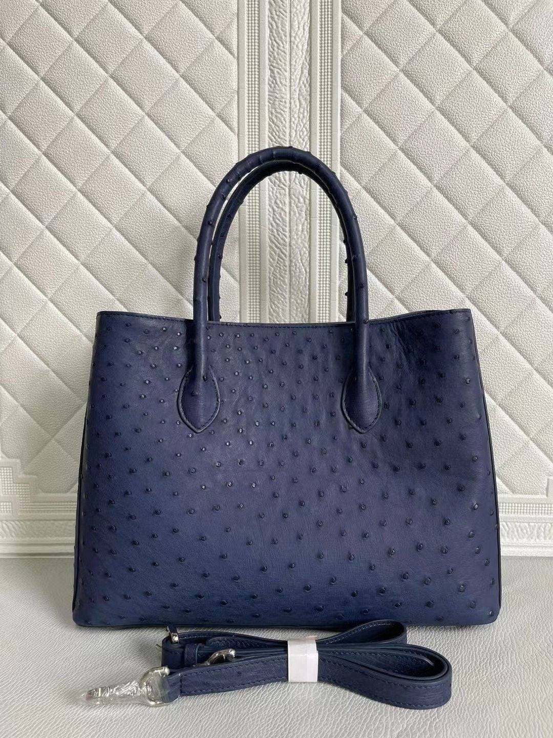 Blue and purple ostrich leather women's handbag with top handle and crossbody strap, Rossie Viren, 33cm size.