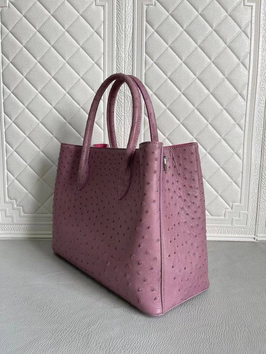 Rossie Viren women's ostrich leather handbag with top handle, shoulder and crossbody options in blue and purple, 33cm.