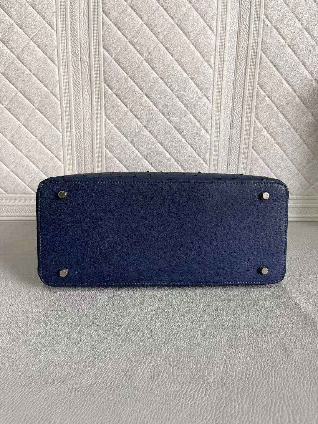 Rossie Viren women's ostrich leather handbag with top handle and shoulder strap in blue and purple, 33cm cross body bag.