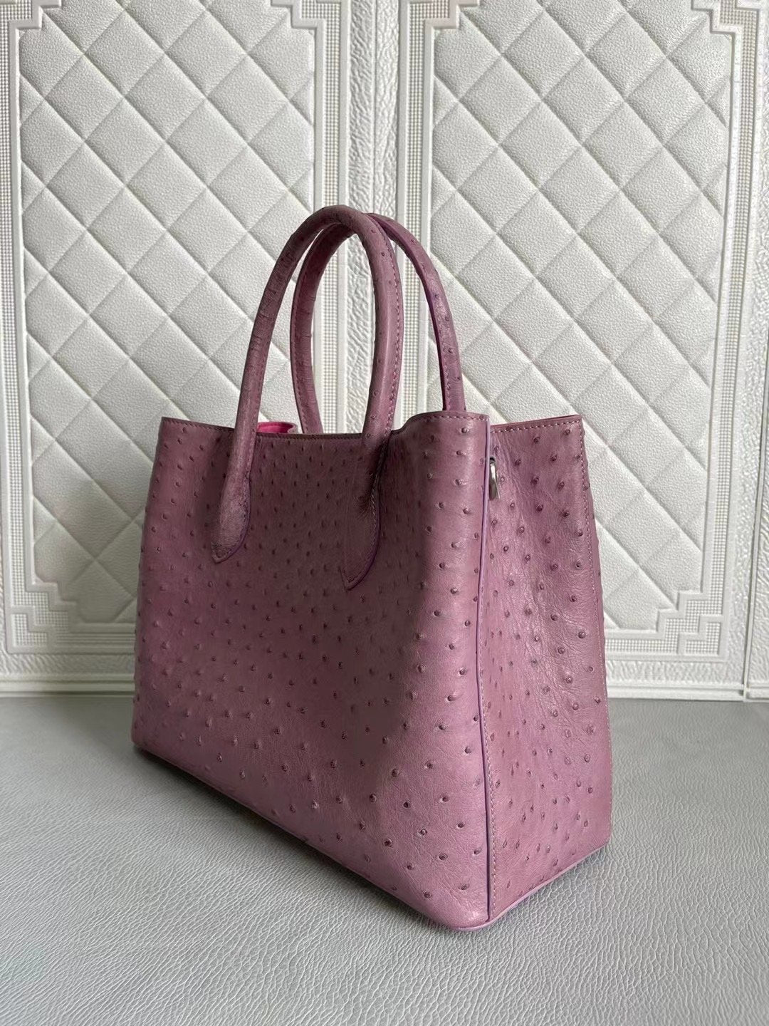 Rossie Viren women's ostrich leather handbag with top handle and crossbody strap in blue and purple, 33cm size.