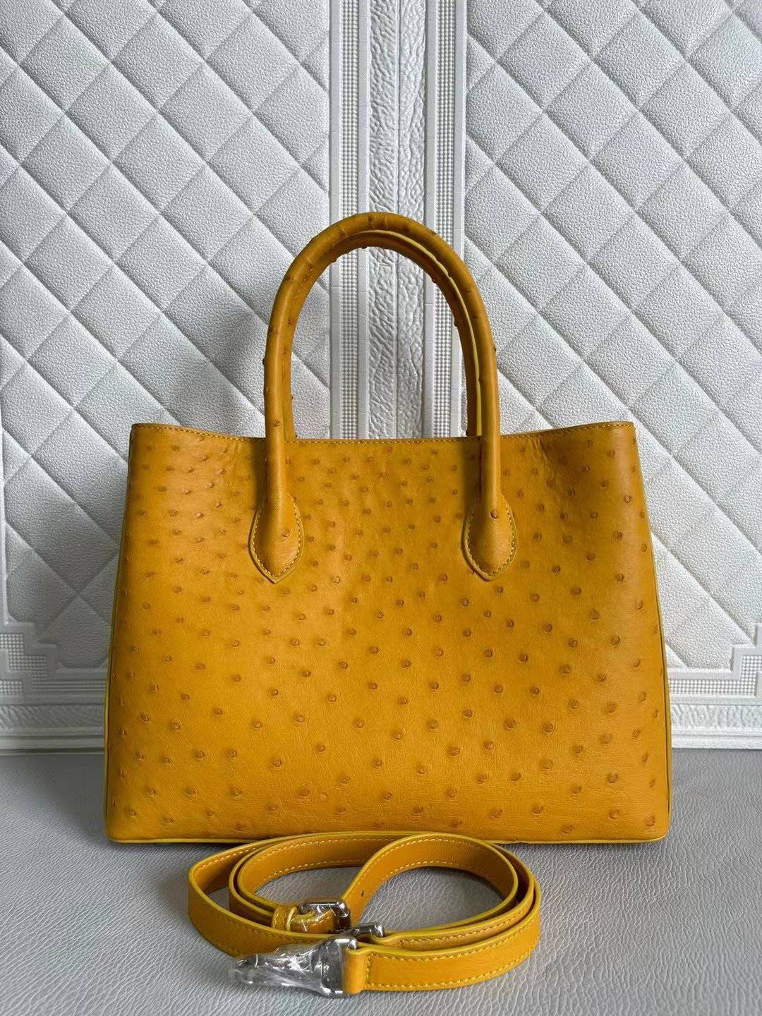 Rossie Viren women's ostrich leather handbag with top handle and crossbody strap in coral blue and yellow, 33cm size.