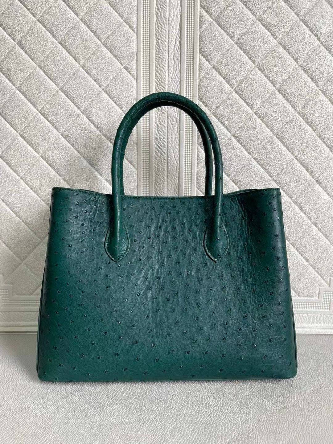 Rossie Viren women's ostrich leather handbag with top handle, shoulder strap, in peach and green, 33cm crossbody bag.