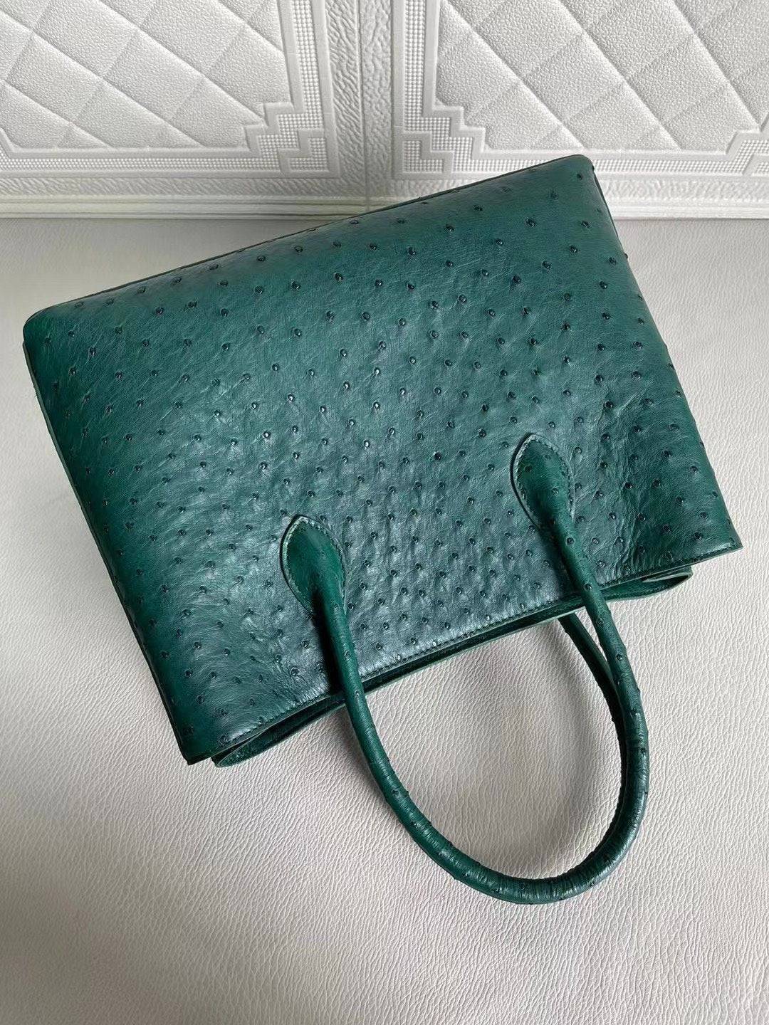 Rossie Viren women's ostrich leather handbag with top handle, shoulder strap, in peach and green, 33cm crossbody bag.