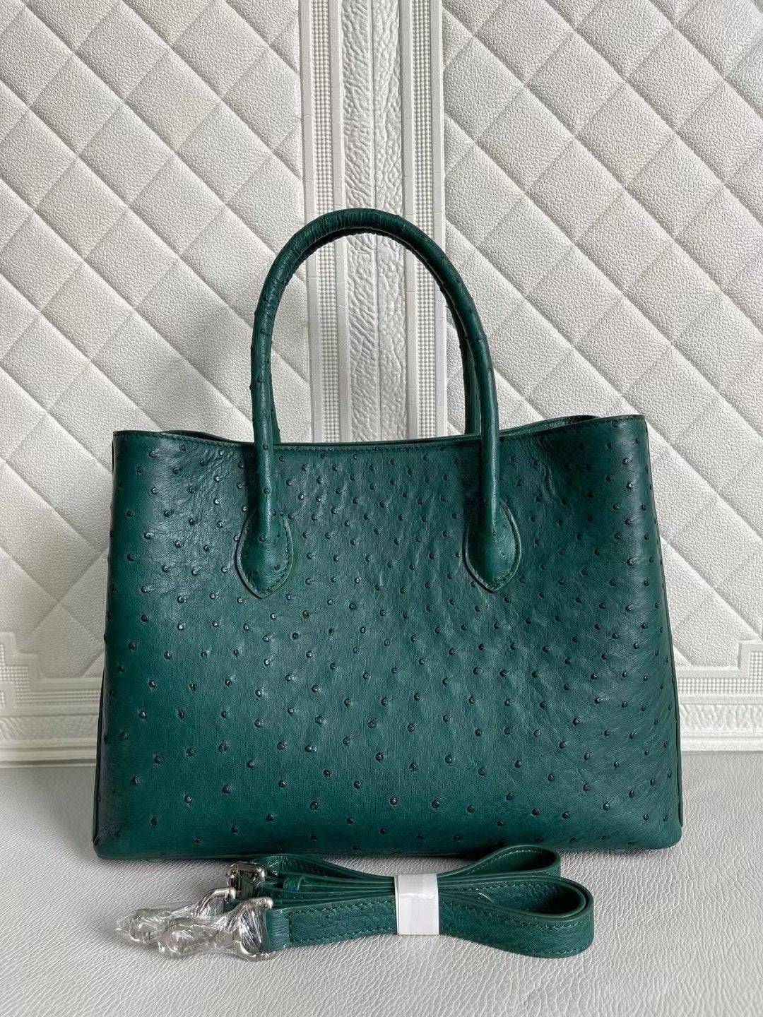 Rossie Viren women's ostrich leather handbag with top handle and shoulder strap in peach and green, 33cm crossbody bag.
