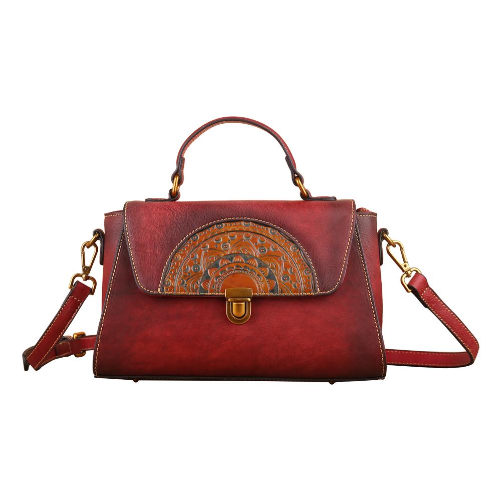 Women’s vintage leather tote handbag with small top-handle, Rossie Viren, stylish and compact for everyday use.
