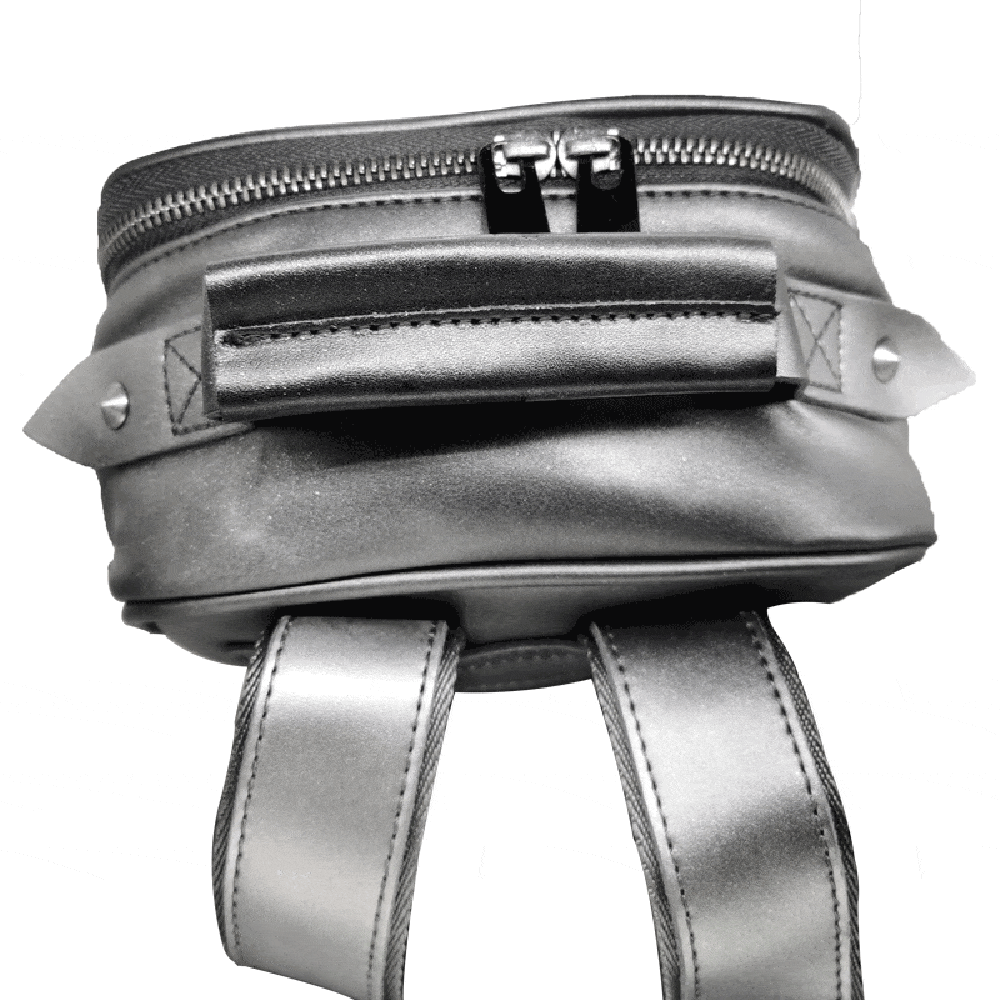 Silver 3D owl-shaped girls' backpack by Rossie Viren, embossed PU leather with handle and shoulder strap, mini size, graphic design.