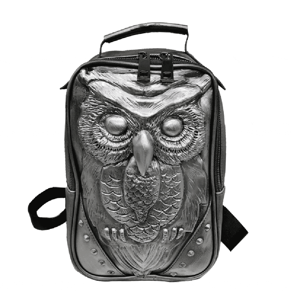 Silver 3D owl backpack for girls, embossed PU leather with graphic design, shoulder handle, crossbody style, by Rossie Viren.