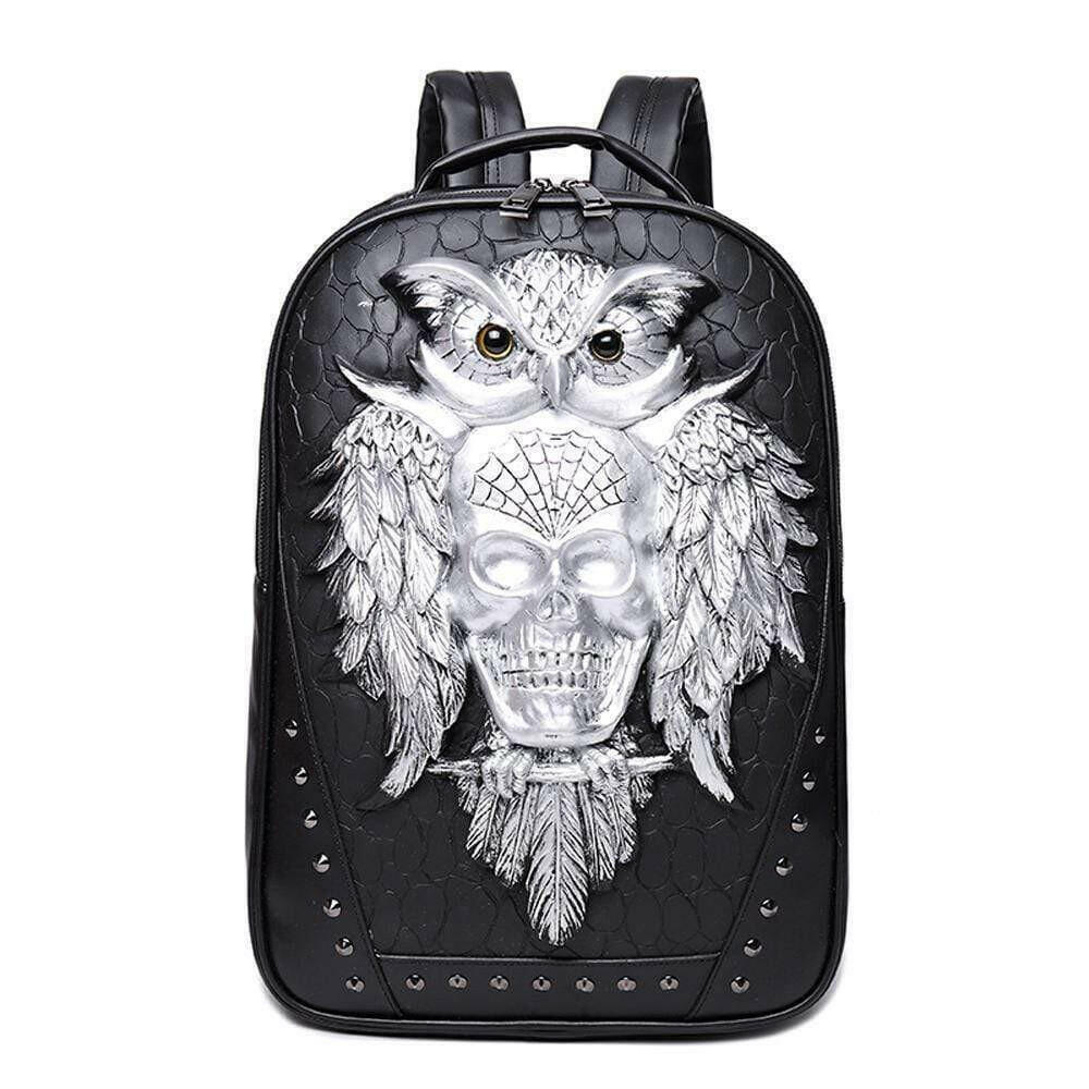 Rossie Viren 3D eagle skull backpack, outdoor travel bag with multiple compartments and padded laptop sleeve, rugged and stylish design.