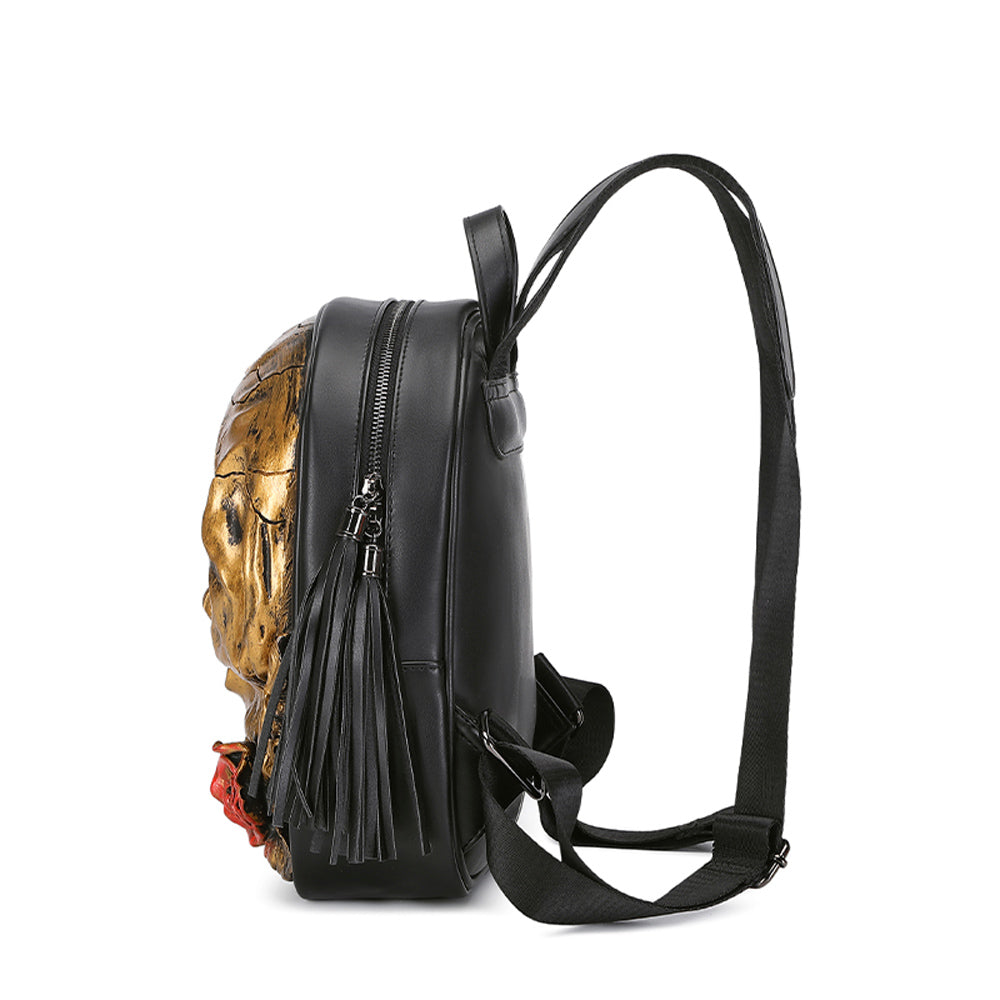Rossie Viren 3D skull with rose backpack featuring glowing green eyes, detailed design, and adjustable straps.