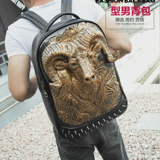 Large Studded Backpack 3D Goat Head Sculpture Backpack Laptop Travelling Rucksack Bag