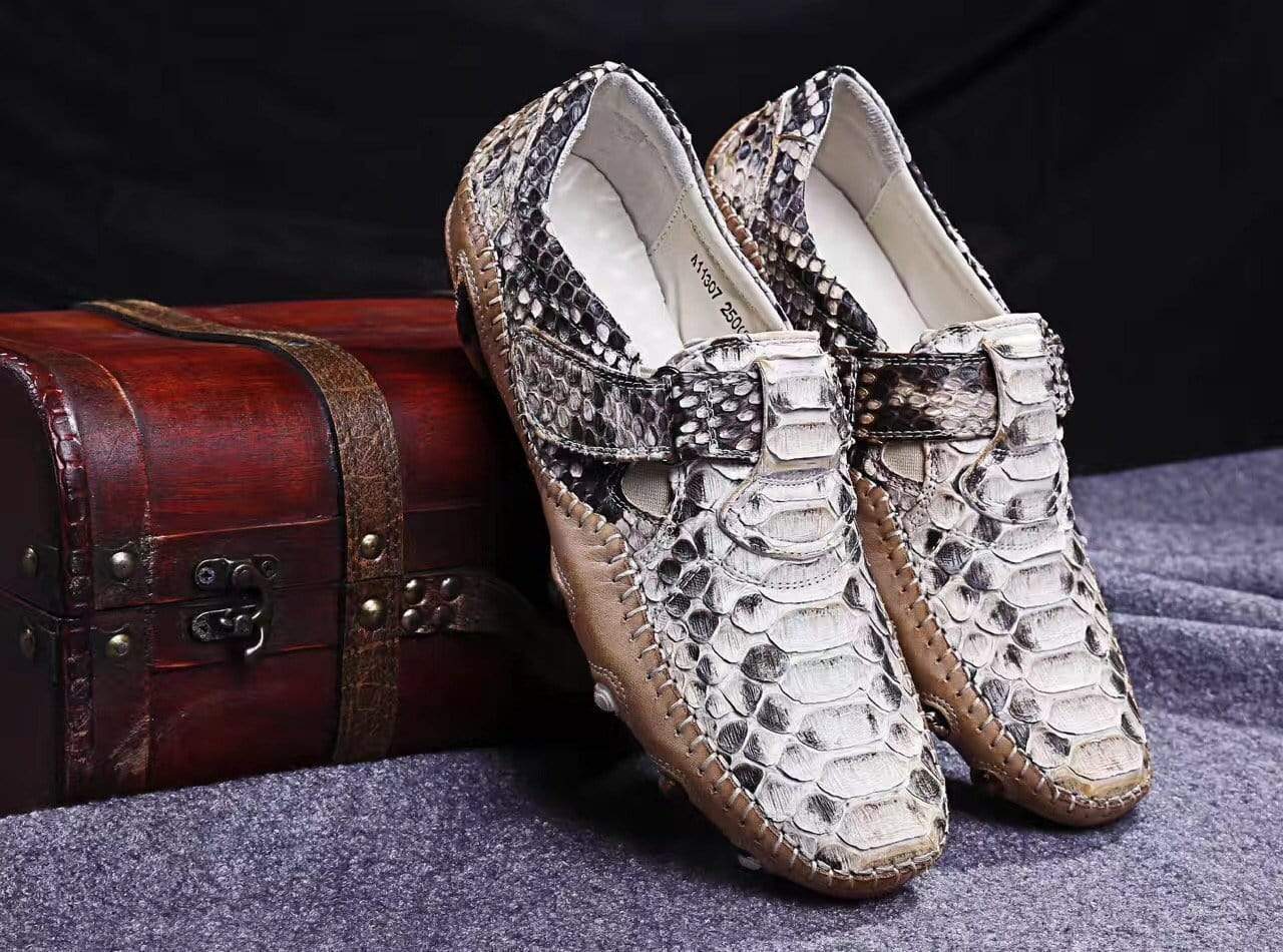 Rossie Viren men's crocodile shoes with genuine python leather white slip-on loafer shoes for stylish comfort.