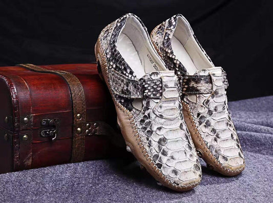 Crocodile Shoes Genuine Python Leather Men's White Slip-On Loafer Shoes