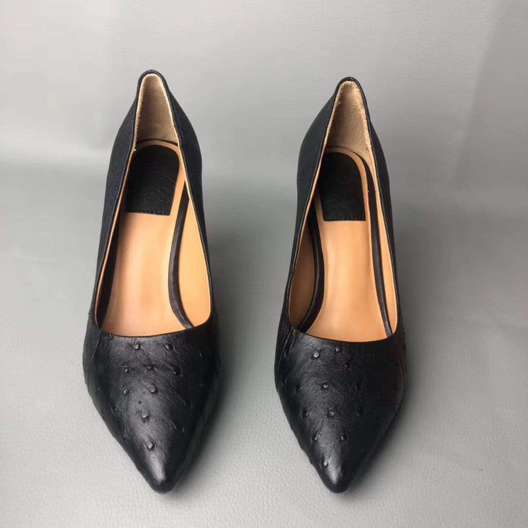 Rossie Viren crocodile and ostrich leather women's high heels pumps with sleek design and pointed toe.