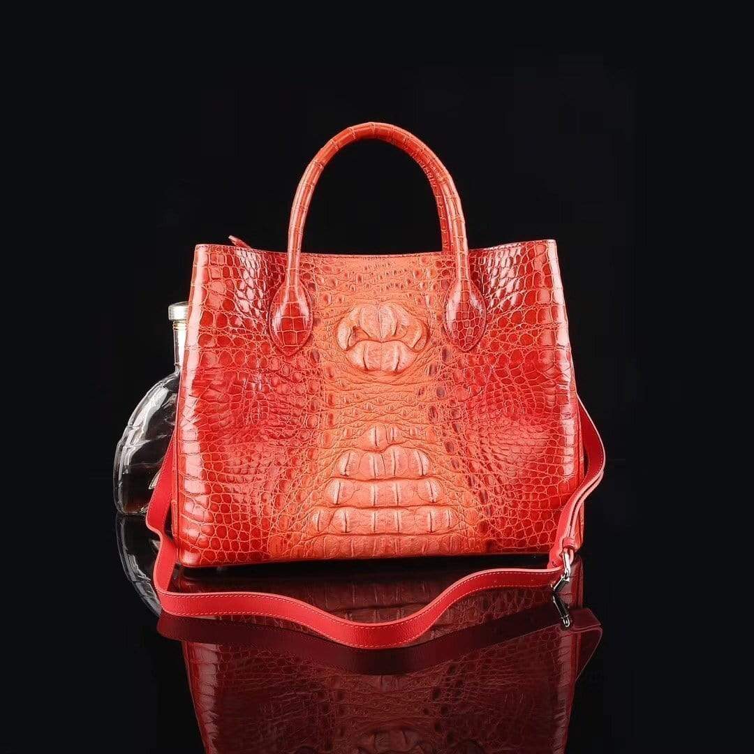 Genuine crocodile leather medium double satchel handbag by Rossie Viren, 33cm, featuring a luxurious textured finish and classic design.