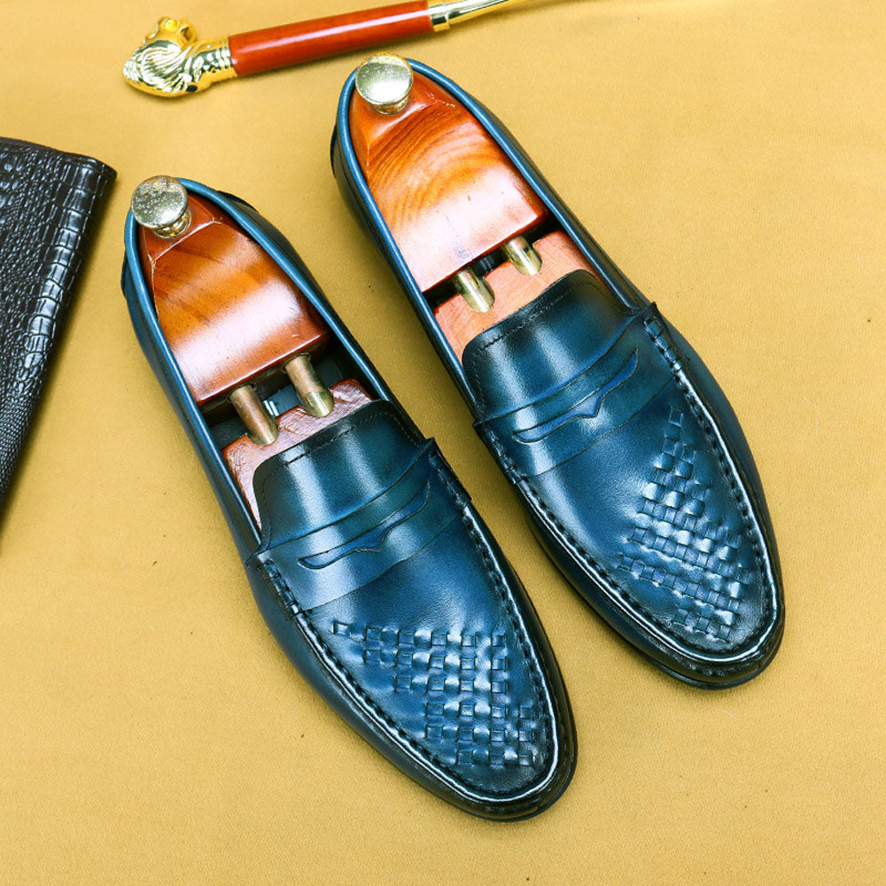 Men's Rossie Viren driving leather shoes and casual loafers, showing a sleek black design with smooth leather finish.