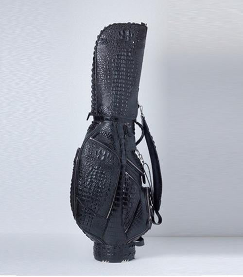 Pre-order Crocodile Leather Golf Set by Rossie Viren with golf cart and stand bags, featuring luxurious crocodile leather design.