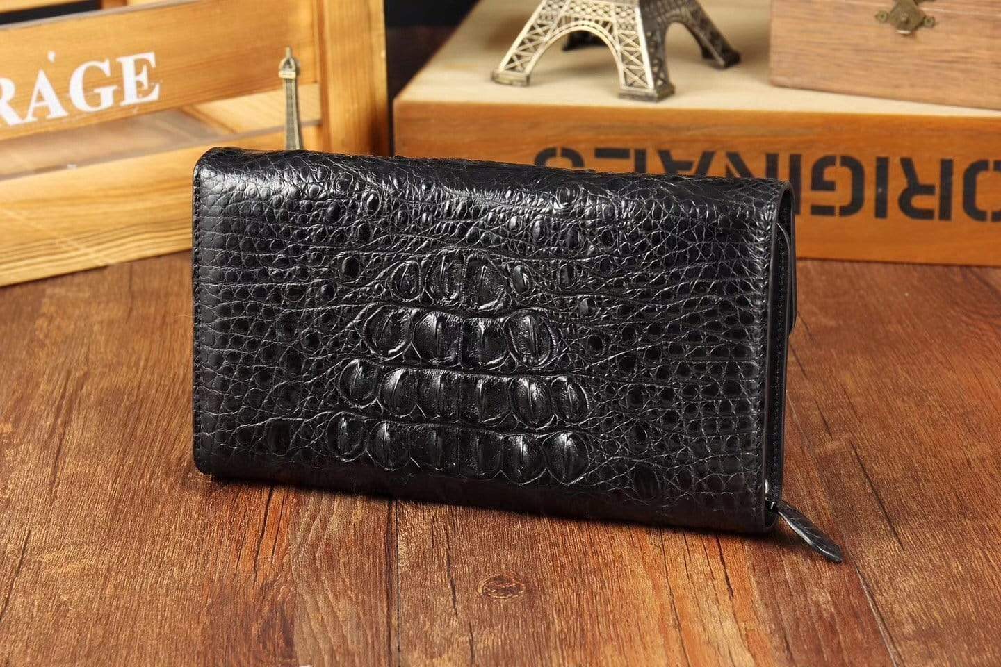 Black crocodile skin leather trifold wallet for men by Rossie Viren, showcasing the textured crocodile pattern and sleek design.