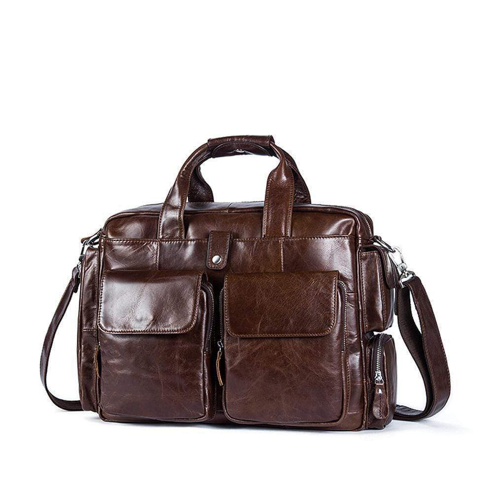 Rossie Viren men's large handmade vintage leather briefcase messenger shoulder bag with sturdy leather strap and classic design.