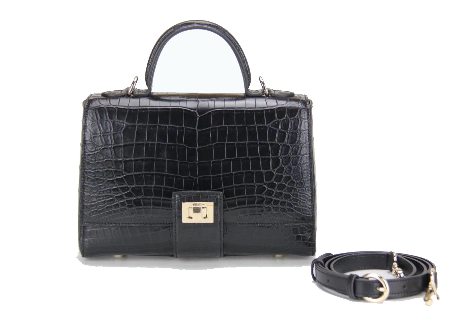 Women's crocodile leather messenger handbag with cross-body strap and top handle by Rossie Viren, stylish and elegant.