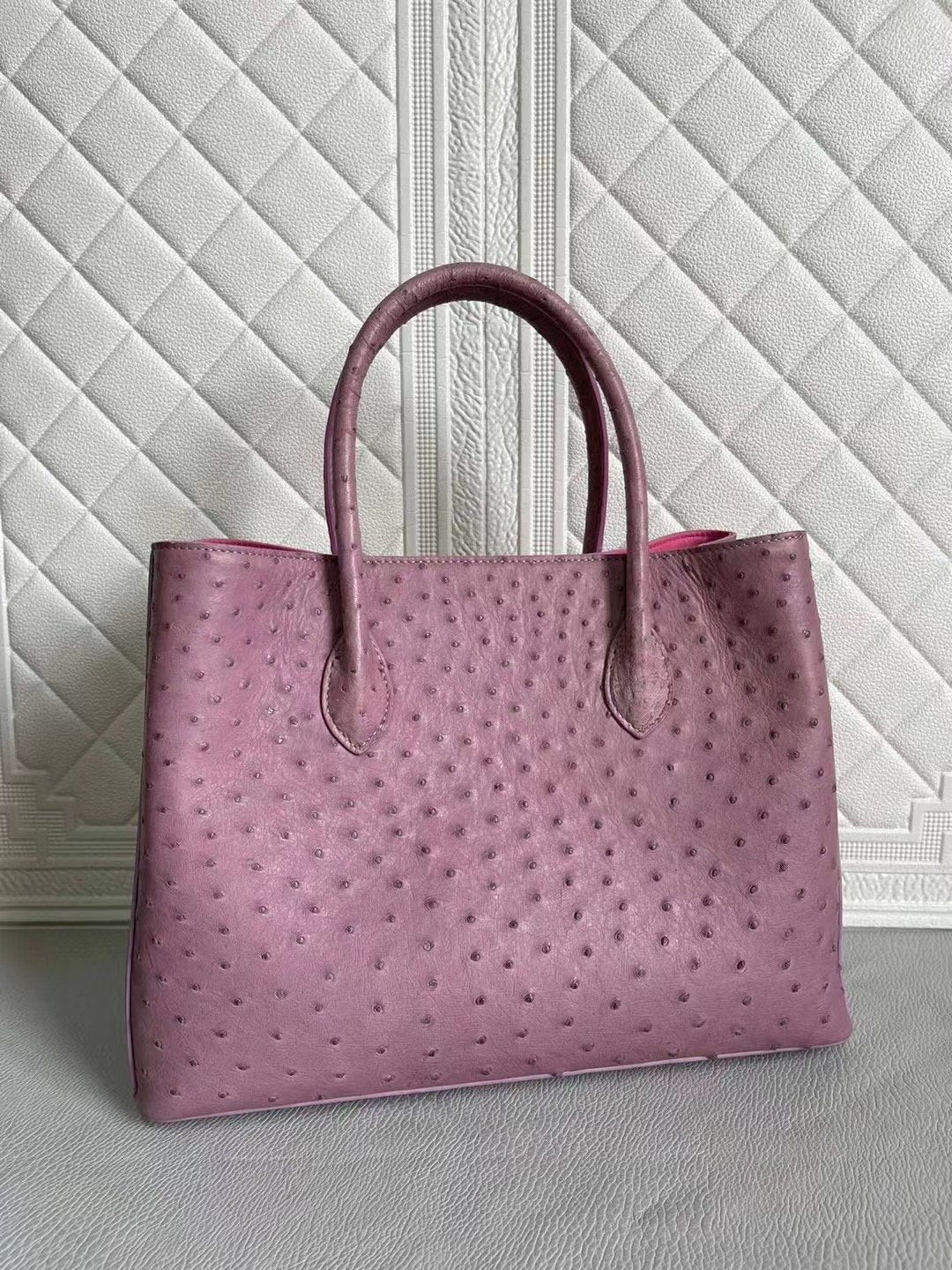 Blue and purple women's ostrich leather handbag with top handle and crossbody strap, 33cm, by Rossie Viren.